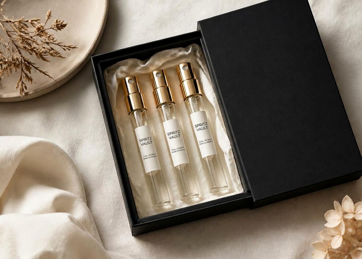 A Spritz Vault discovery set of three 2ml glass atomizers in a matte black box