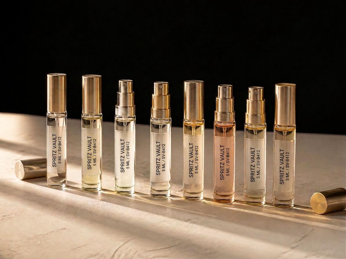 A row of Spritz Vault glass atomizer decants with brushed gold caps